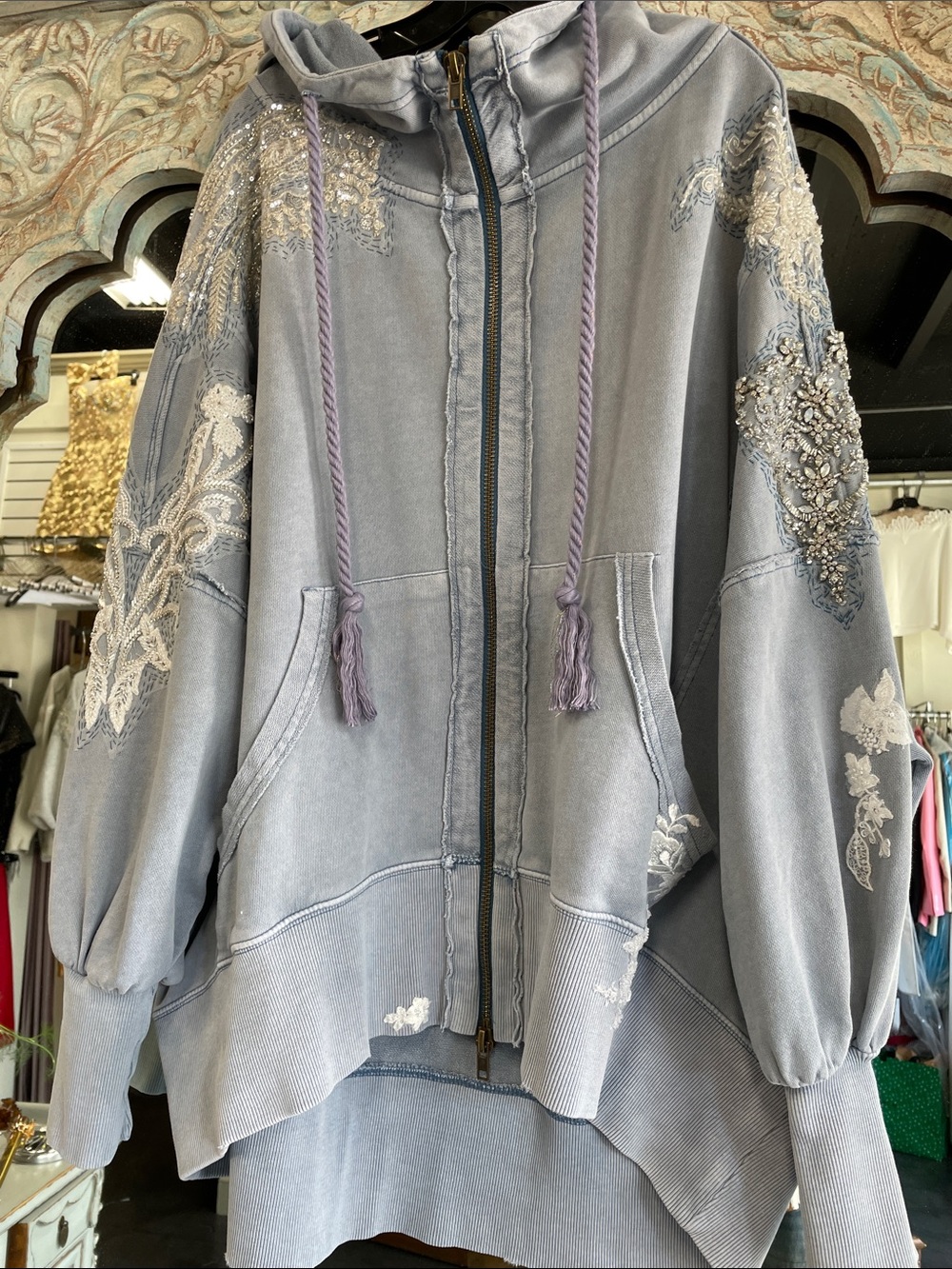 Free People Light Gray Embellished Zip Hoodie with Lavender Drawcords